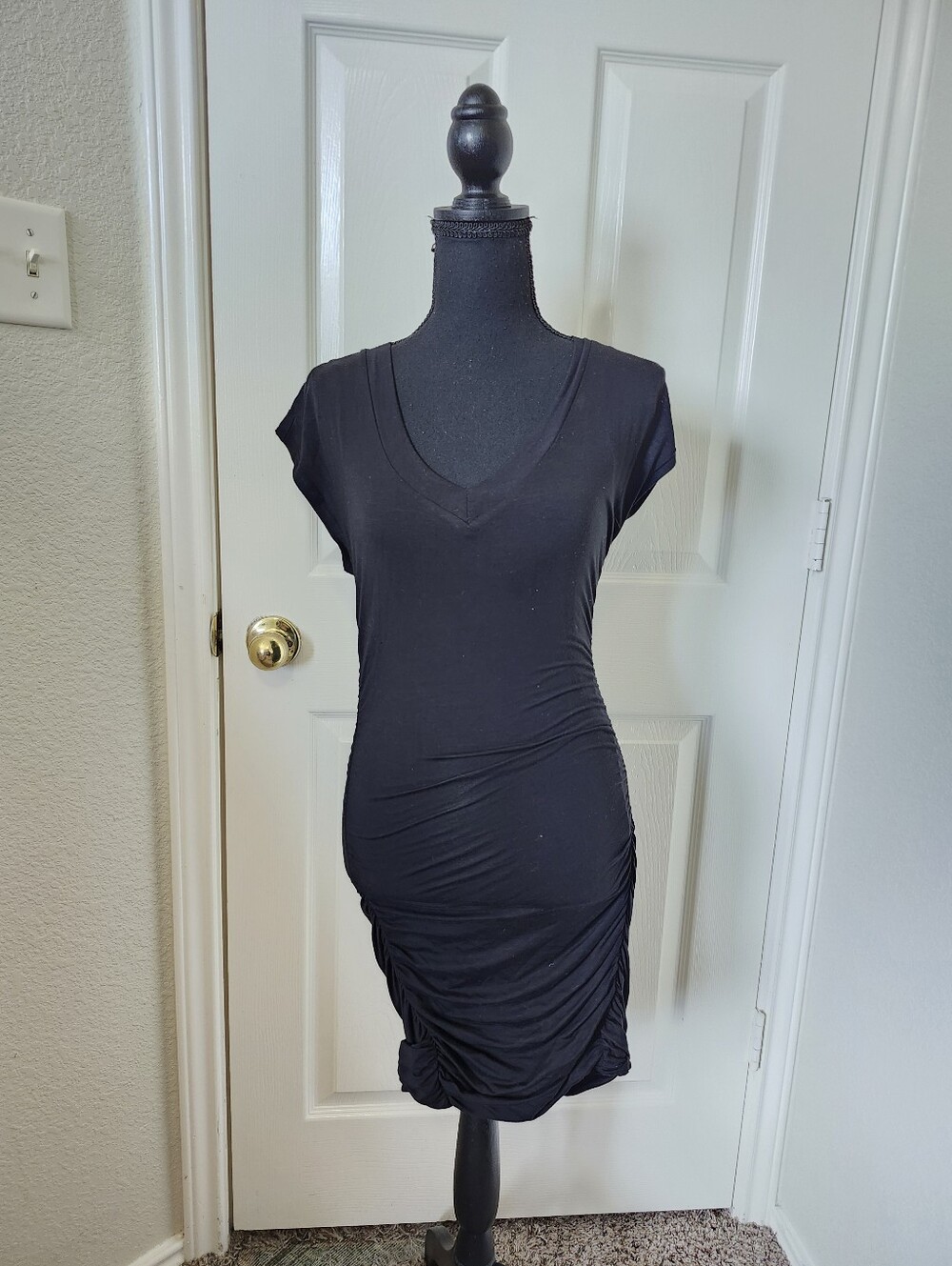 Splendid Black V-Neck Ruched Mini Dress